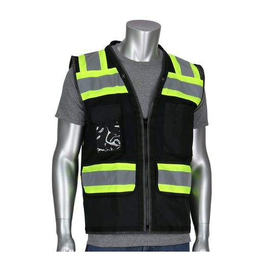 PIP 302-0800D-BK Black Two-Tone Eleven Pocket Tech-Ready Mesh Surveyors Vest, black, front