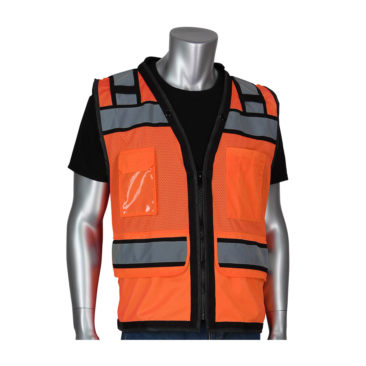 PIP 302-0800D Black Two-Tone Eleven Pocket Tech-Ready Mesh Surveyors Vest with "D" Ring Access, orange, front
