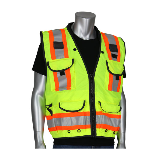 PIP 302-0900 Two-Tone Fifteen Pocket Tech-Ready Ripstop Surveyors Vest with Mesh Back, lime, front