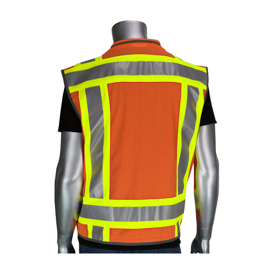 PIP 302-0900 Two-Tone Fifteen Pocket Tech-Ready Ripstop Surveyors Vest with Mesh Back, orange, back