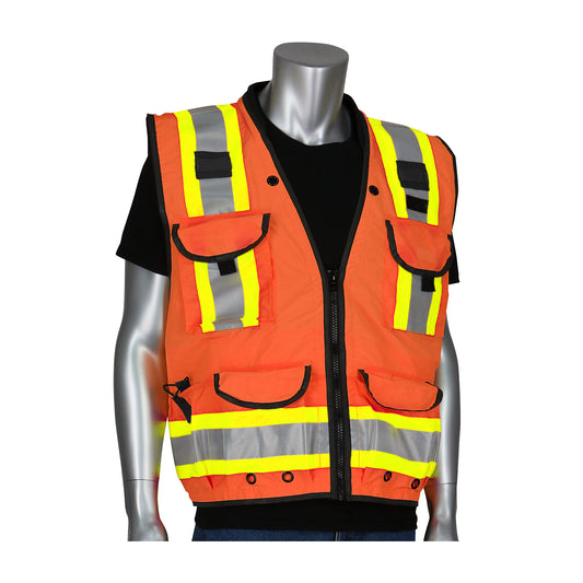 PIP 302-0900 Two-Tone Fifteen Pocket Tech-Ready Ripstop Surveyors Vest with Mesh Back, orange, front