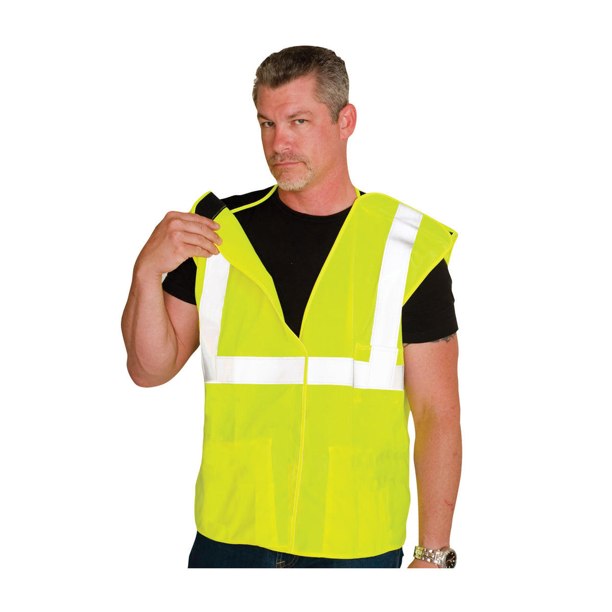 PIP 302-5PV Class 2 3-Pocket Solid Breakaway Vest, Lime, front 4