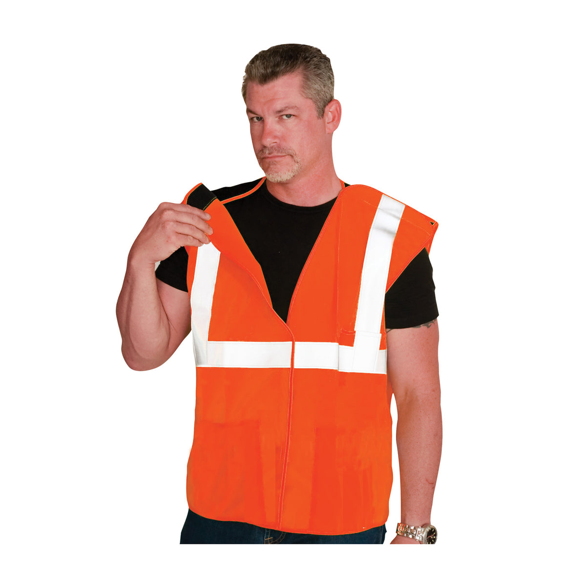PIP 302-5PV Class 2 3-Pocket Solid Breakaway Vest, Orange, front 4