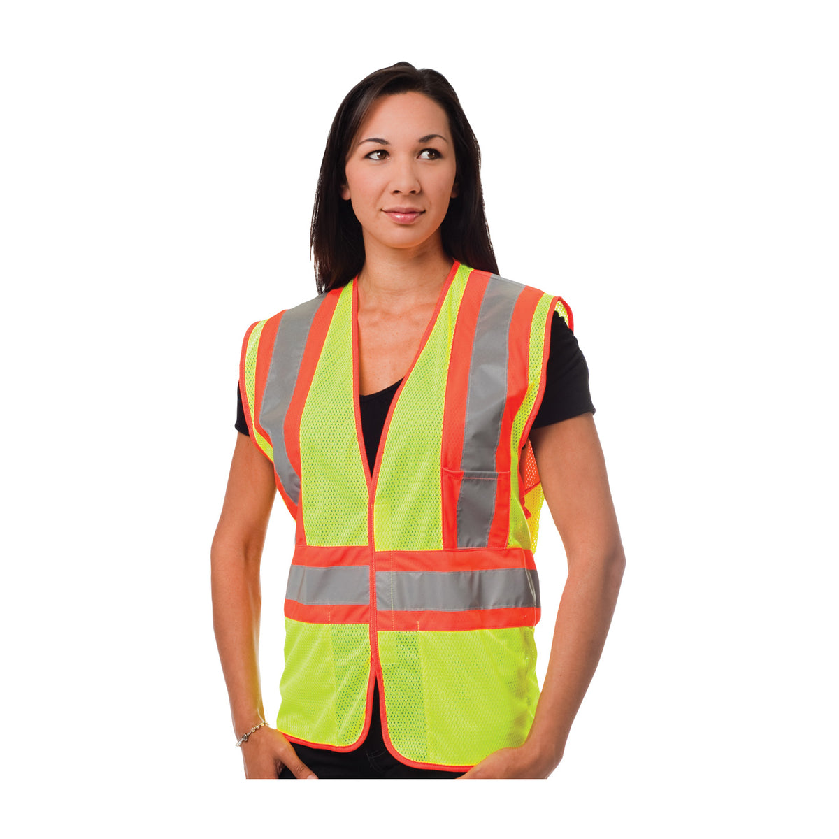 PIP 302-MVAT Class 2 Two-Tone 3-Pocket Mesh Vest, Lime, front 2