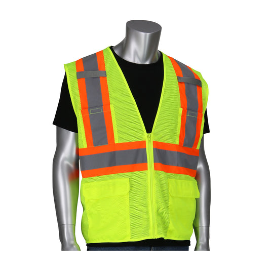 PIP 302-MVZT Class 2 Two-Tone 6-Pocket Mesh Vest, Lime, front
