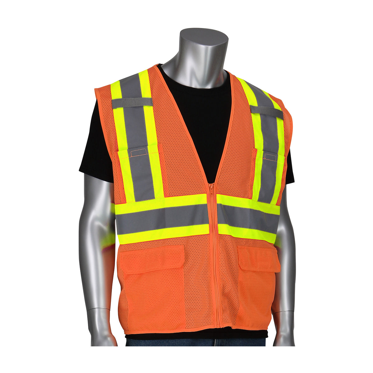 PIP 302-MVZT Class 2 Two-Tone 6-Pocket Mesh Vest, Orange, front