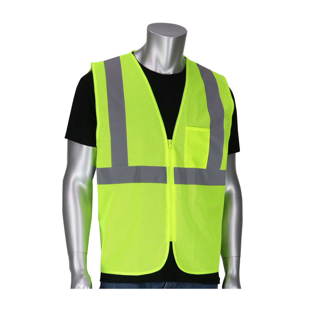 PIP 302-V100 Class 2 Dual-Sized Value Zipper Mesh Vest, Lime, front