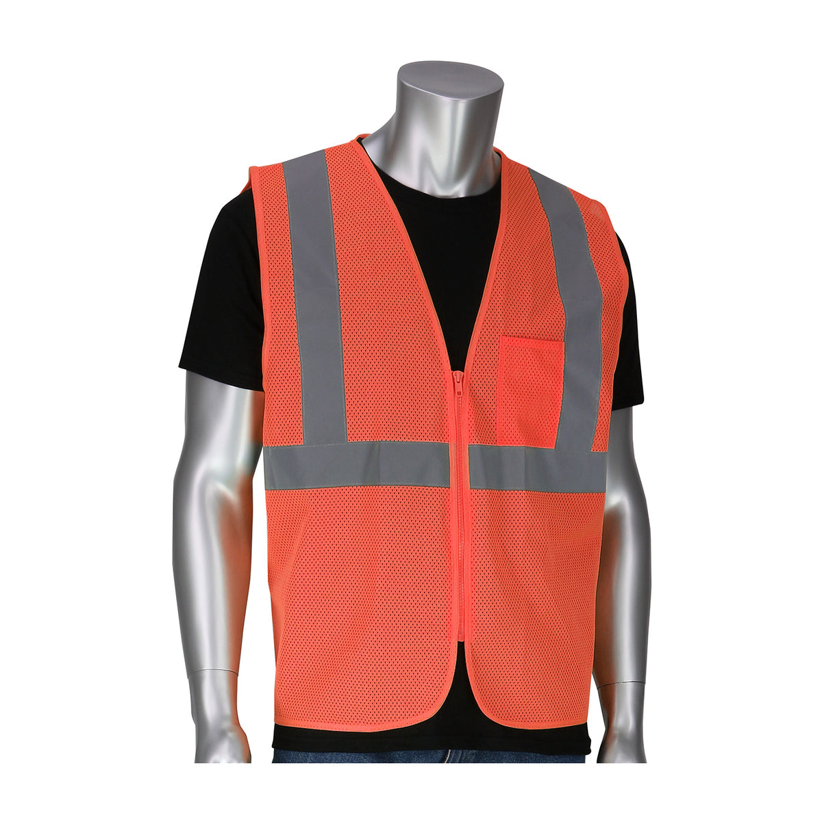 PIP 302-V100 Class 2 Dual-Sized Zipper Mesh Vest, Orange, front