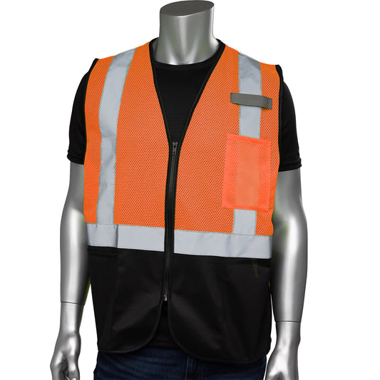 PIP 302-V173B Three Pocket Mesh Vest with Black Bottom Front, orange, front