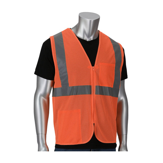 PIP 302-V200 Two Pocket Value Zipper Mesh Vest, orange, front