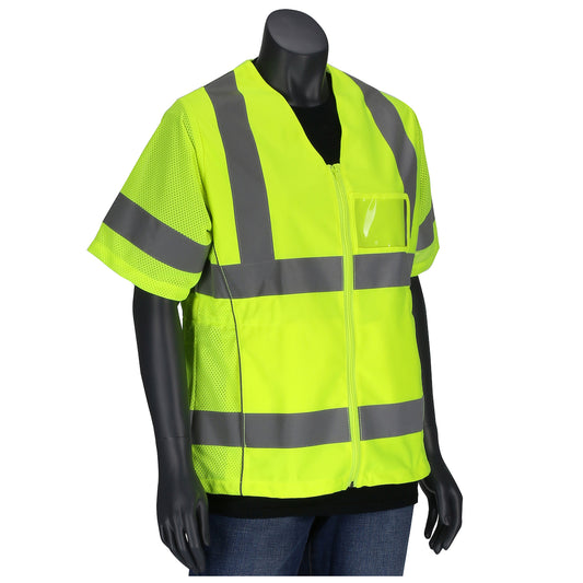 PIP 303-0313 Women's Contoured Vest with Solid Front/Mesh Back and Adjustable Waist, lime, front
