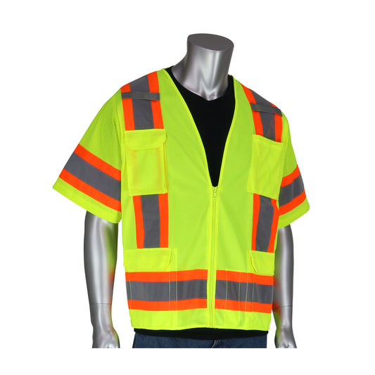 PIP 303-0500 Two-Tone Surveyor Eleven Pocket Vest, lime, front