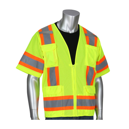 PIP 303-0500M Two-Tone Eleven Pocket Mesh Surveyors Vest, lime, front
