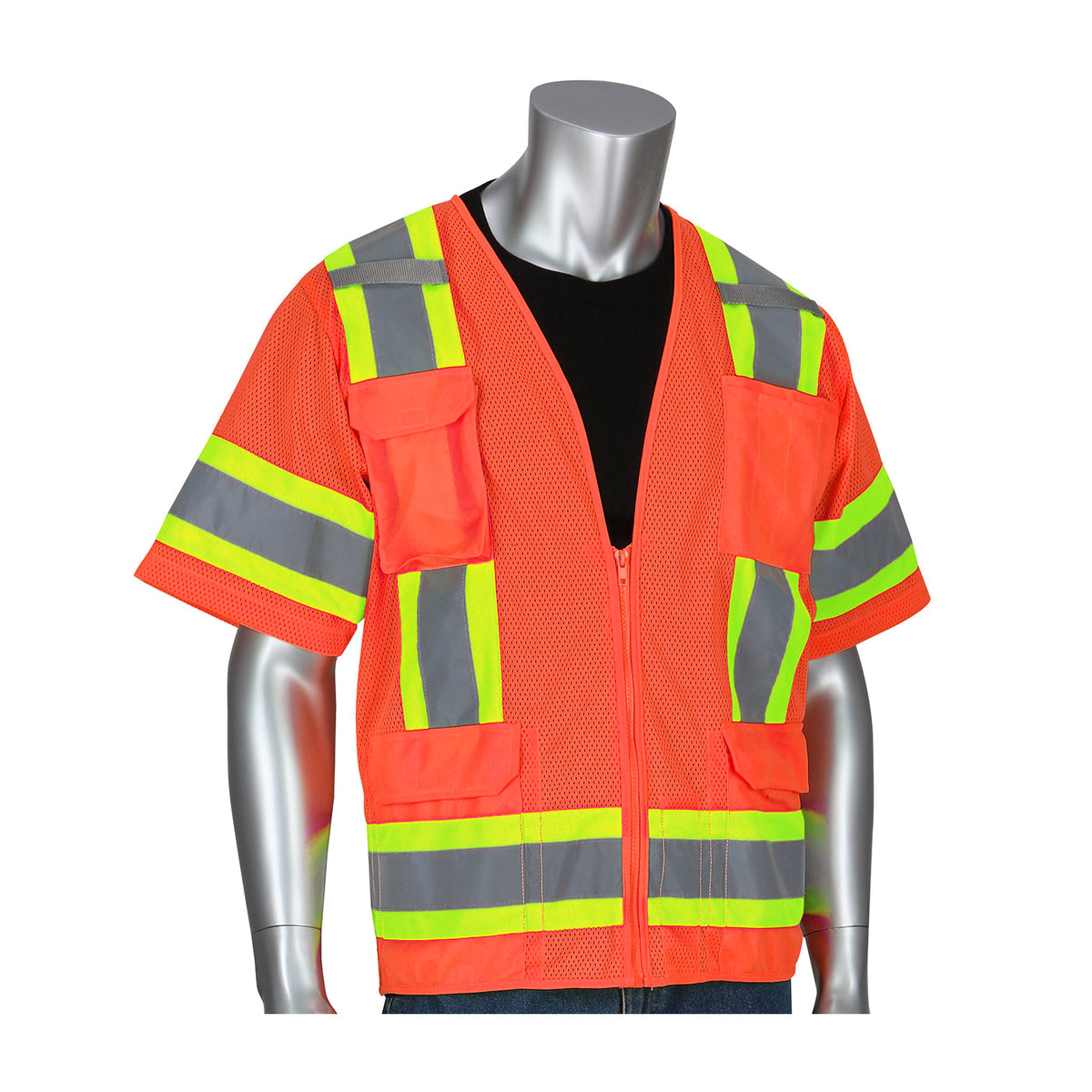 PIP 303-0500M Class 3 11-Pocket Surveyors Vest, Orange, front