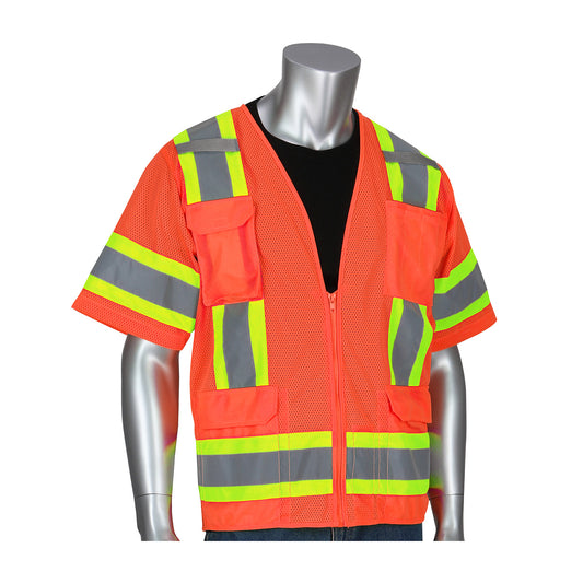 PIP 303-0500M Two-Tone Eleven Pocket Mesh Surveyors Vest, orange, front