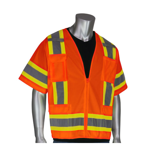 PIP 303-0500 Two-Tone Surveyor Eleven Pocket Vest, orange, front