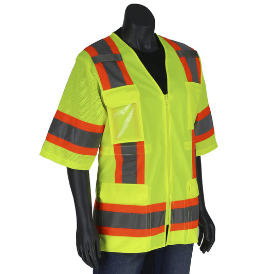 PIP 303-0513 Women's Contoured Two-Tone Eleven Pocket Surveyors Vest with Solid Front/Mesh Back, lime, front