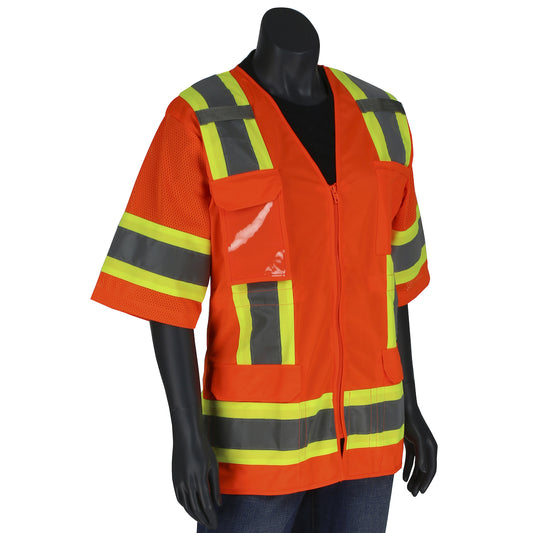 PIP 303-0513 Women's Contoured Two-Tone Eleven Pocket Surveyors Vest with Solid Front/Mesh Back, orange, front