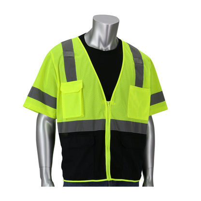 PIP 303-0710B Five Pocket Value Mesh Vest with Black Bottom Front, lime, front