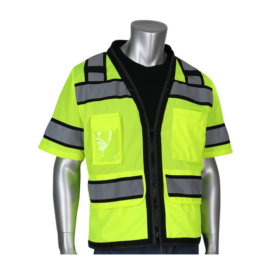PIP 303-0800D Class 3 Black 11-Pocket Surveyors Vest, Lime, front