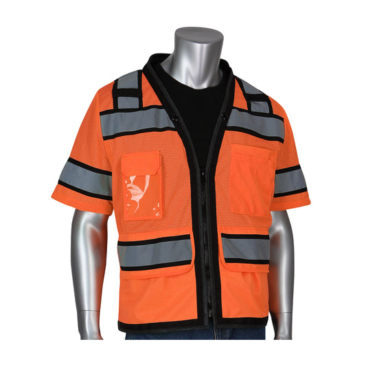 PIP 303-0800D Black Two-Tone Eleven Pocket Tech-Ready Mesh Surveyors Vest with "D" Ring Access, orange, front
