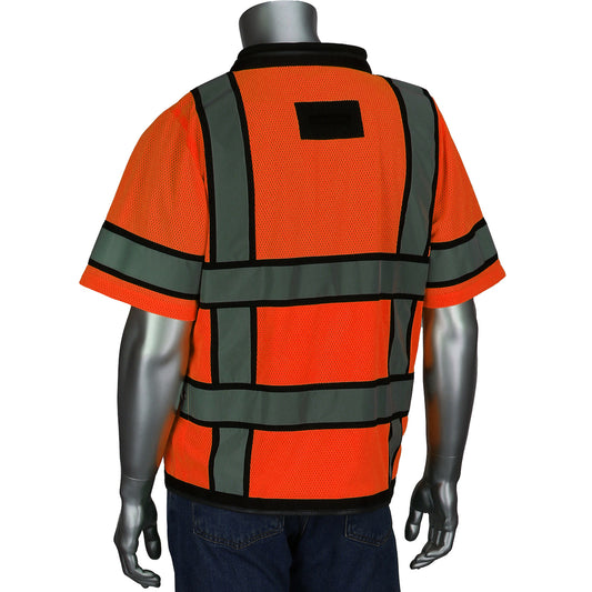 PIP 303-0800D Black Two-Tone Eleven Pocket Tech-Ready Mesh Surveyors Vest with "D" Ring Access, orange, back