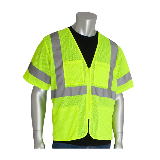 PIP 303-MVGZ4P Class 3 Value 4-Pocket Zipper Mesh Vest, Lime, front