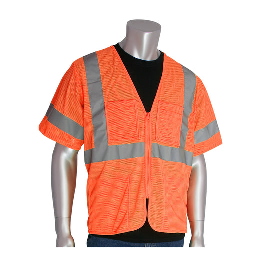 PIP 303-MVGZ4P Class 3 4-Pocket Zipper Mesh Vest, Orange, front