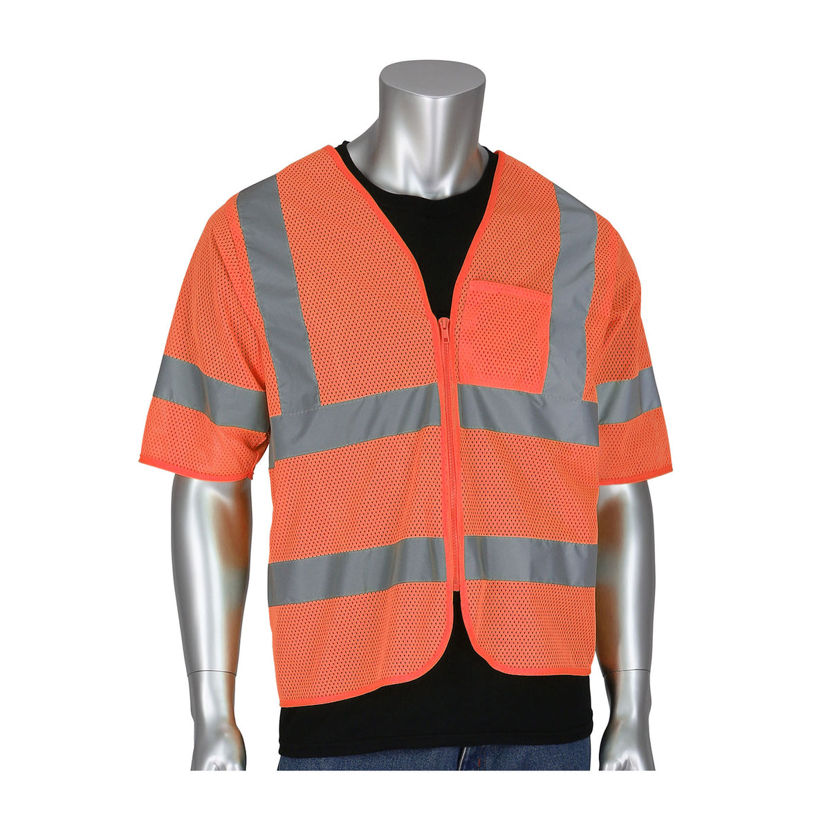 PIP 303-V100 Class 3 Dual-Sized Zipper Mesh Vest, Orange, front