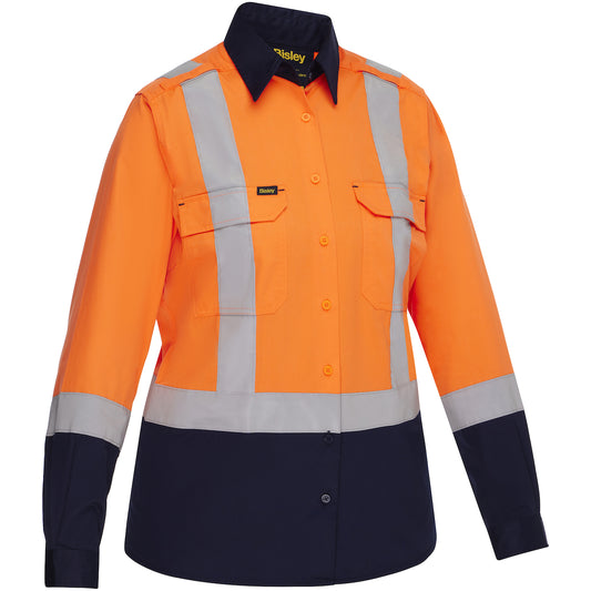 Bisley 312W6367H Women's Vented Long Sleeve Button Down - Industrial Wash Durable, orange/navy, front