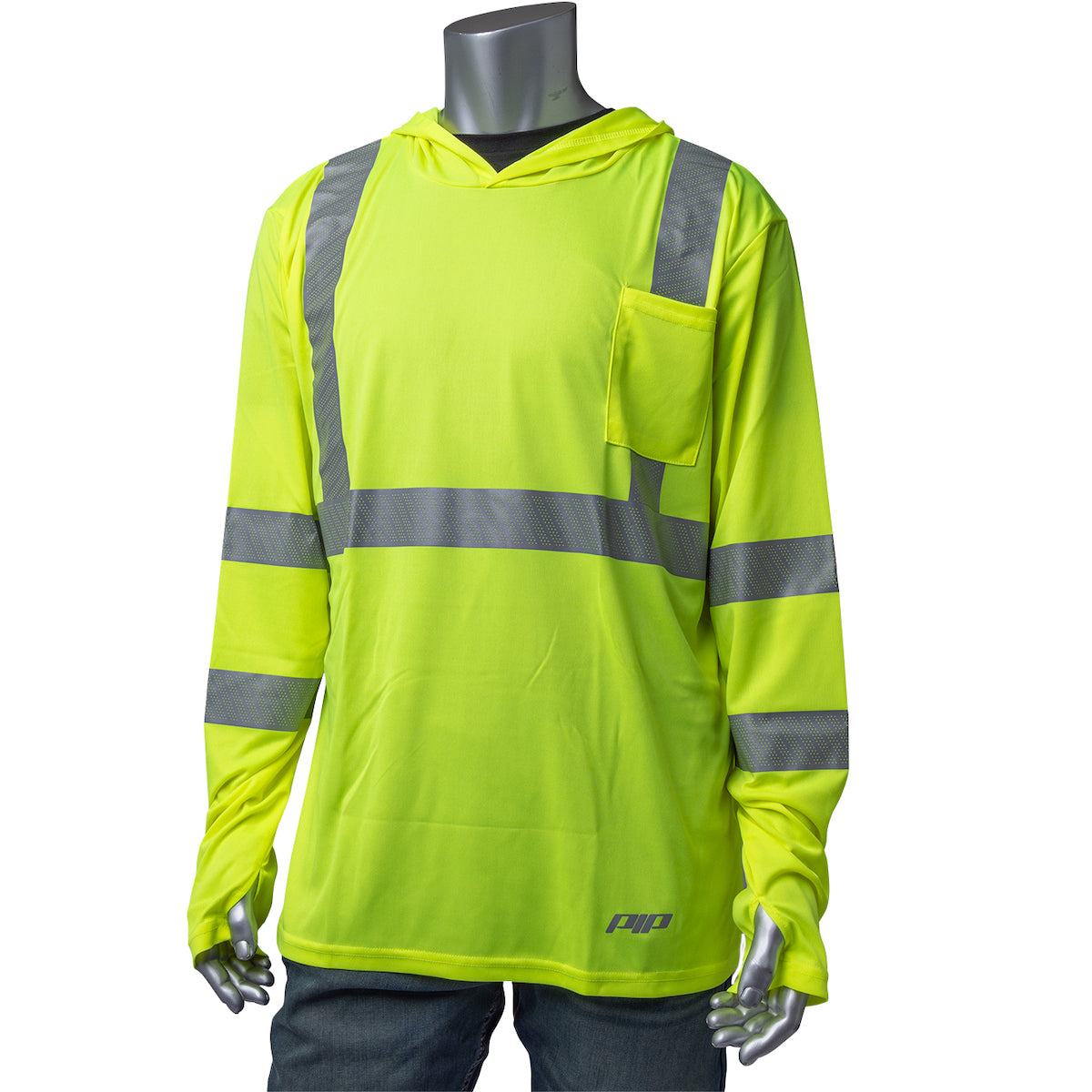 PIP 313-1323 Class 3 Hooded Long Sleeve T-Shirt, Lime, front