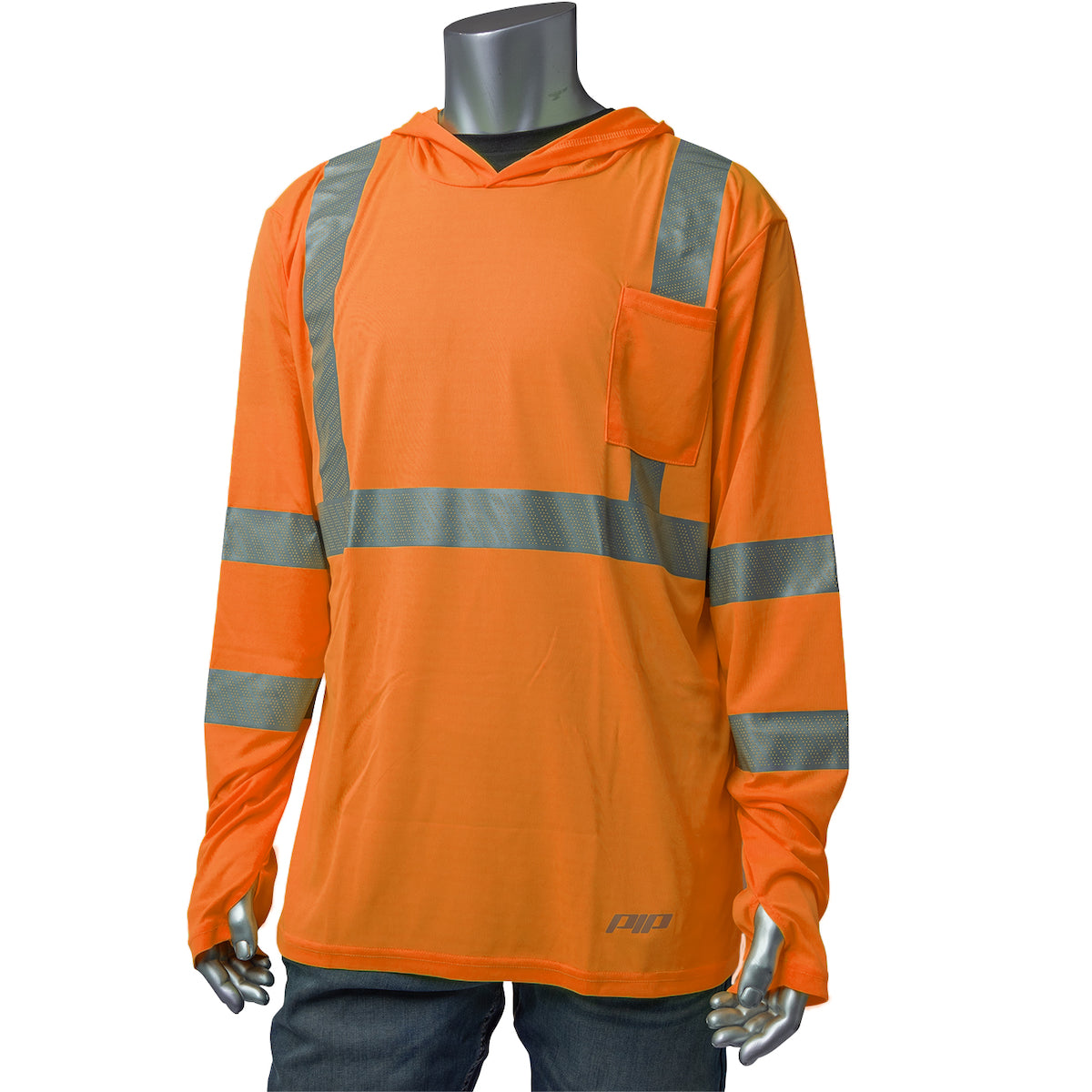 PIP 313-1323 Class 3 Hooded Long Sleeve T-Shirt, Orange, front