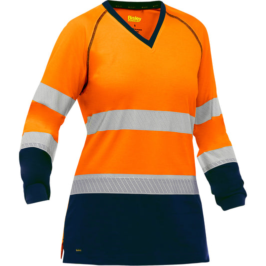 Bisley 313W6118T Class 3 Women's Long Sleeve Shirt, Orange/Navy, front