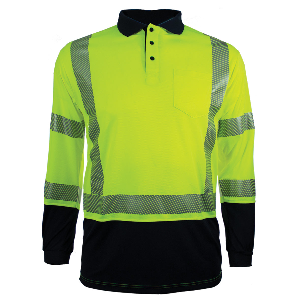 Reflective Apparel 316CT Long Sleeve Polo Shirt with Navy Bottom, lime/navy, front