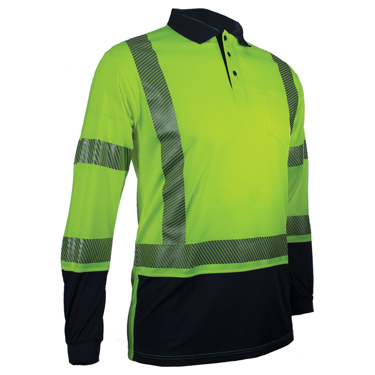 Reflective Apparel 316CT Long Sleeve Polo Shirt with Navy Bottom, lime/navy, 3/4 view