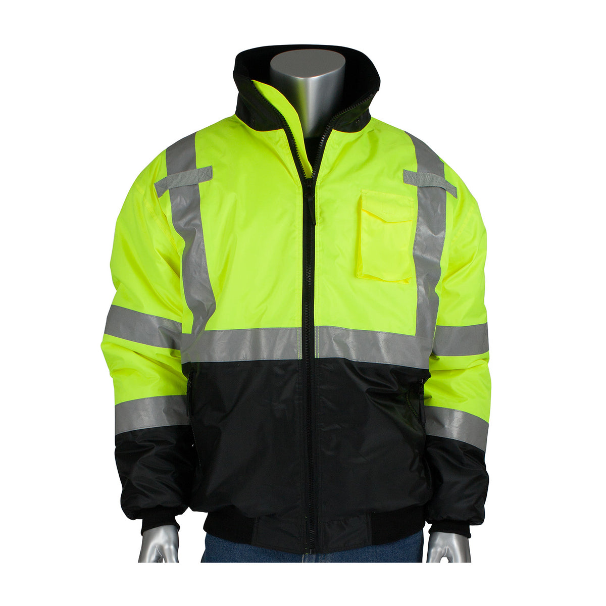 PIP 333-1740 Class 3 Value Black Bottom Bomber Jacket, Lime, front
