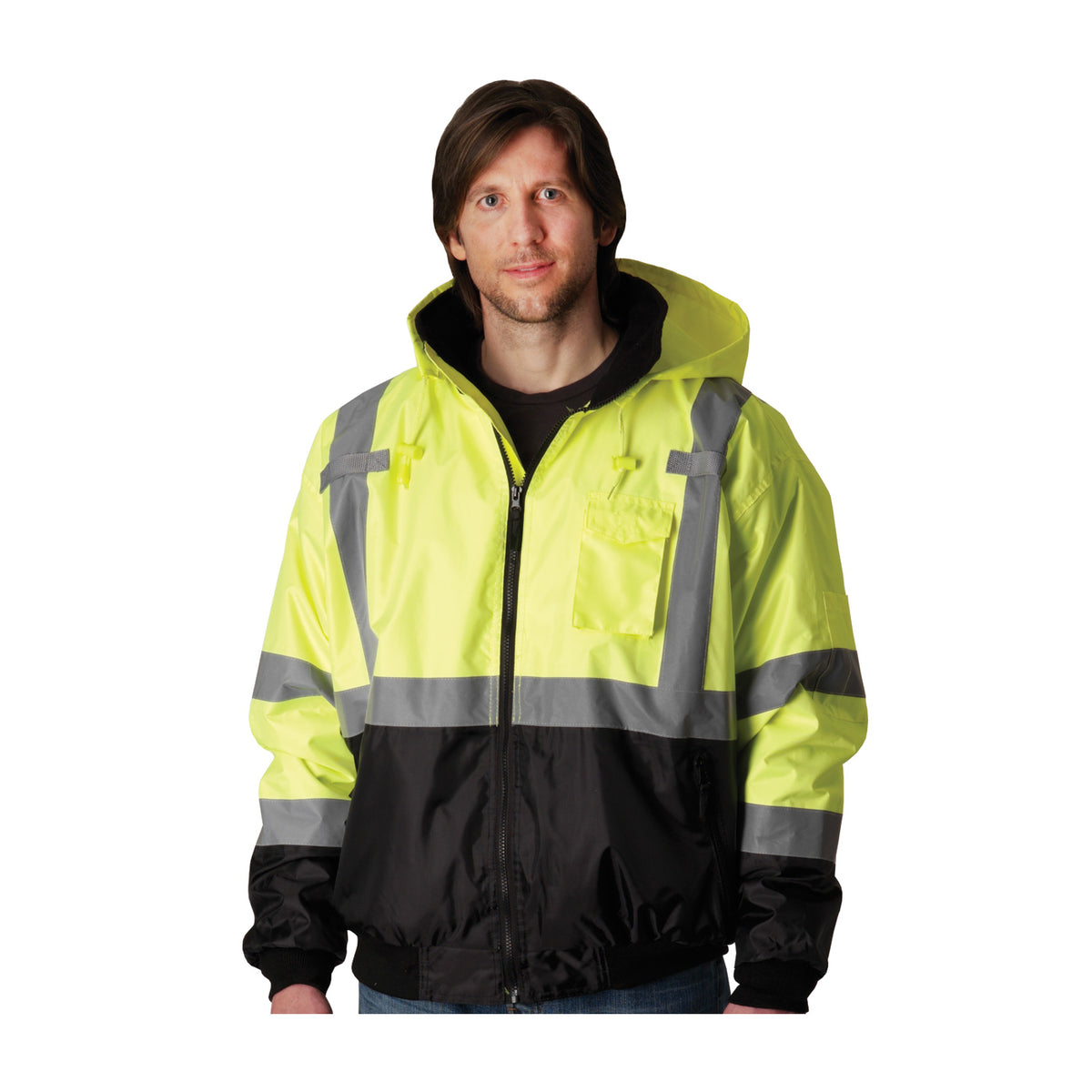 PIP 333-1766 Class 3 Value Black Bottom Bomber Jacket, Lime, front 5