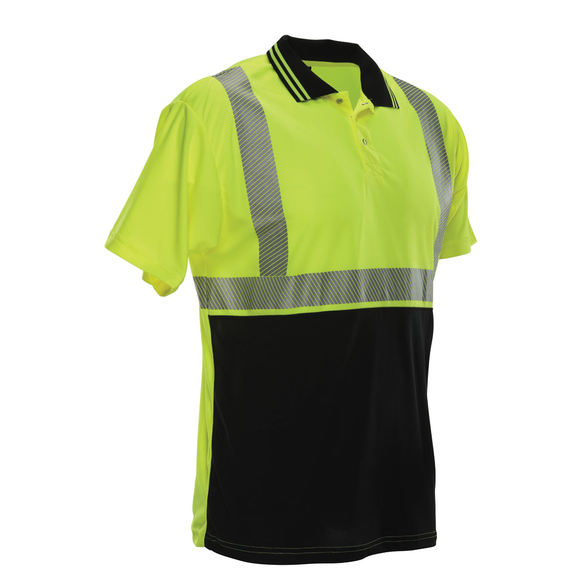 Reflective Apparel 342CT Short Sleeve Polo Shirt with Segmented Tape, lime/black, 3/4 view