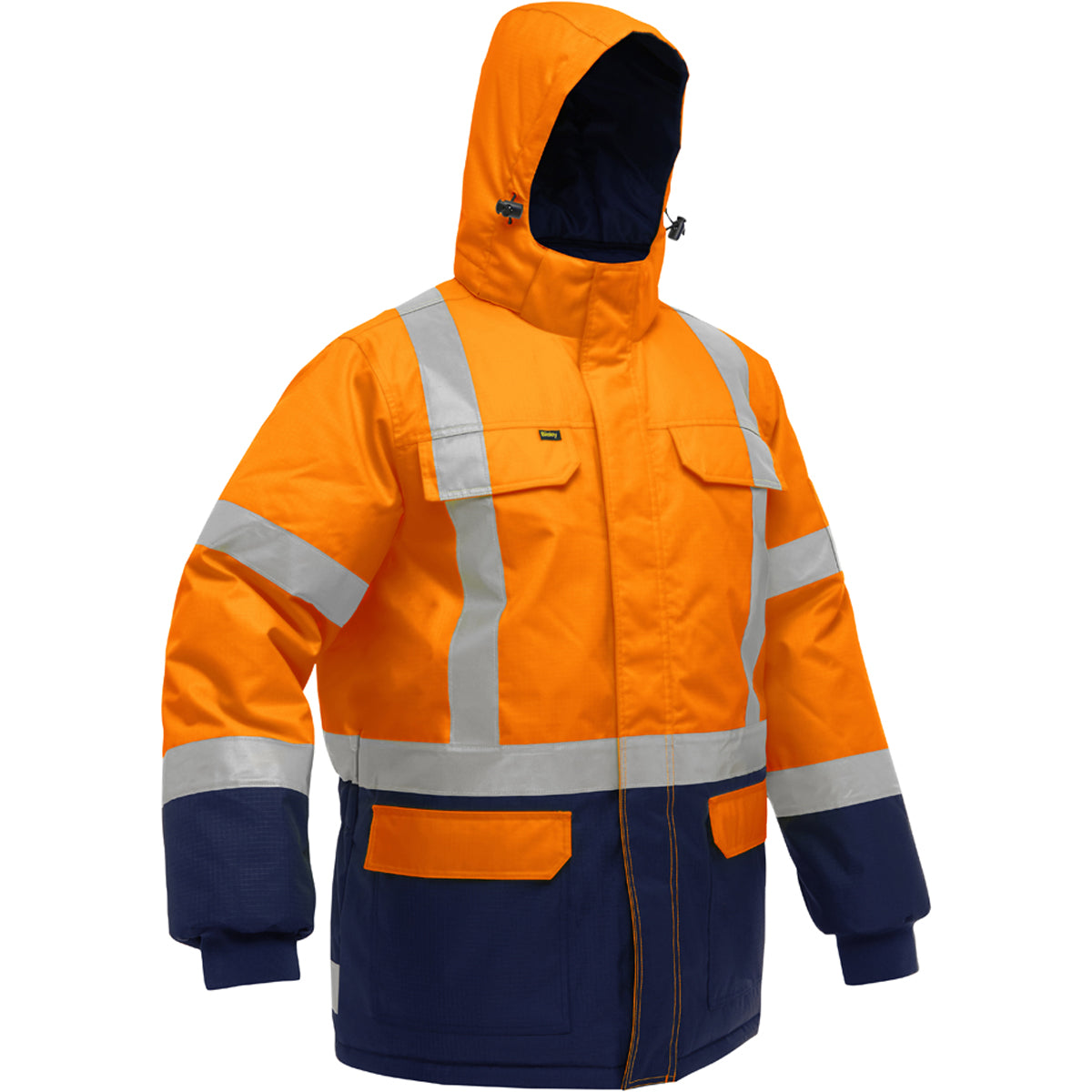 Bisley 343M6450X Class 3 Extreme Cold Jacket, Orange/Navy, front with hood