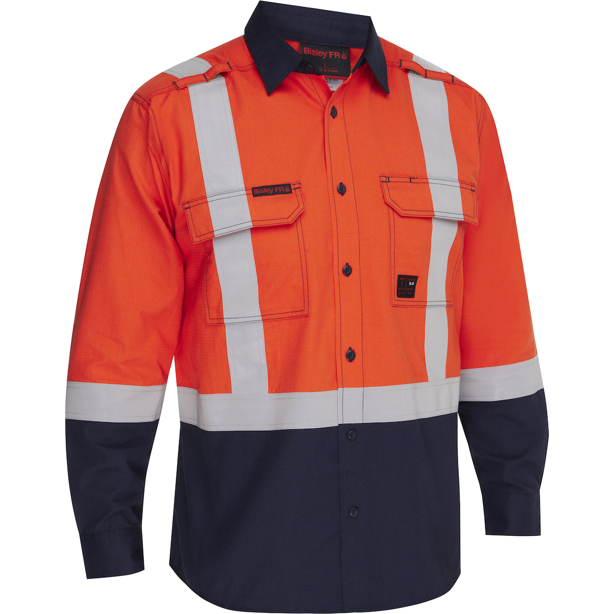 Bisley 385MFRHS AR/FR Men's Long Sleeve Button Down, Orange/Navy, front