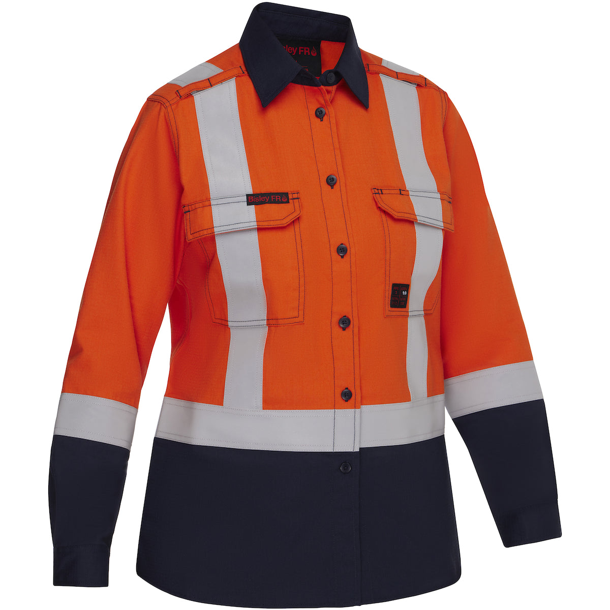Bisley 385WFRHS AR/FR Women's Long Sleeve Button Down, Orange/Navy, front