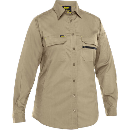 Bisley 400W6490 Women's Long Sleeve Ripstop Work Shirt, Tan, front