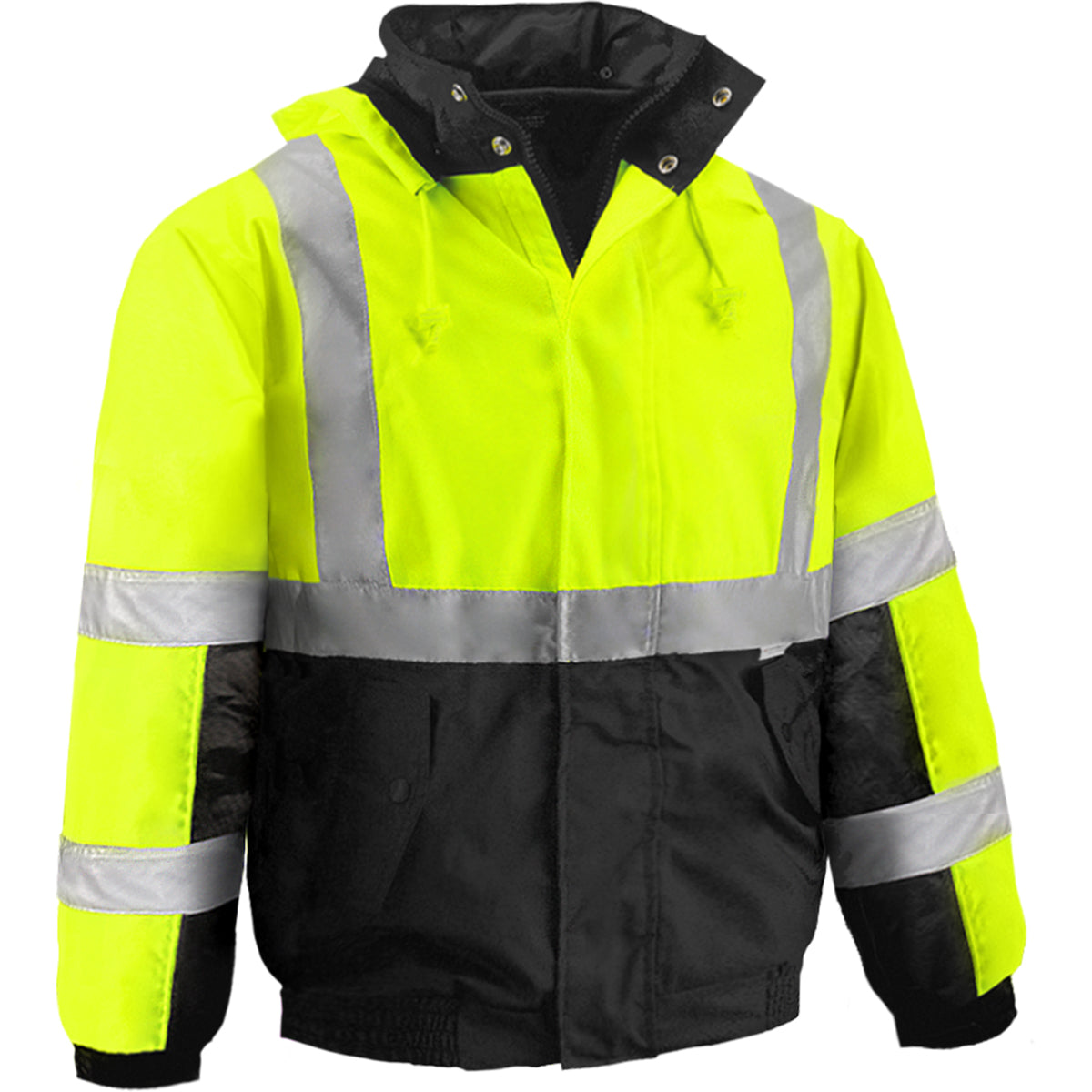 Reflective Apparel 411ST Waterproof Bomber Jacket with Fleece Lining, lime/black, 3/4 view