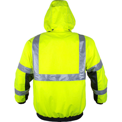 Reflective Apparel 411ST Waterproof Bomber Jacket with Fleece Lining, lime/black, back