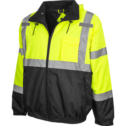 Reflective Apparel 413GT Waterproof Bomber Jacket with Quilted Fleece Liner, lime/black, 3/4 left