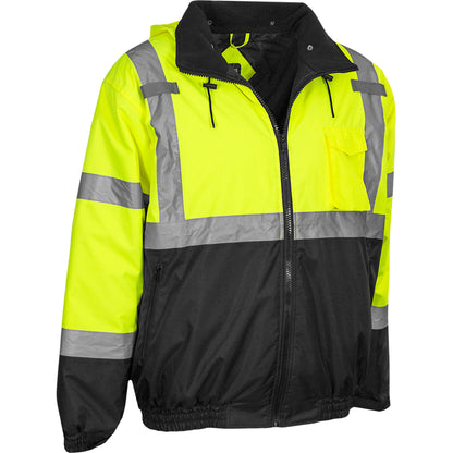 Reflective Apparel 413GT Waterproof Bomber Jacket with Quilted Fleece Liner, lime/black, 3/4 right