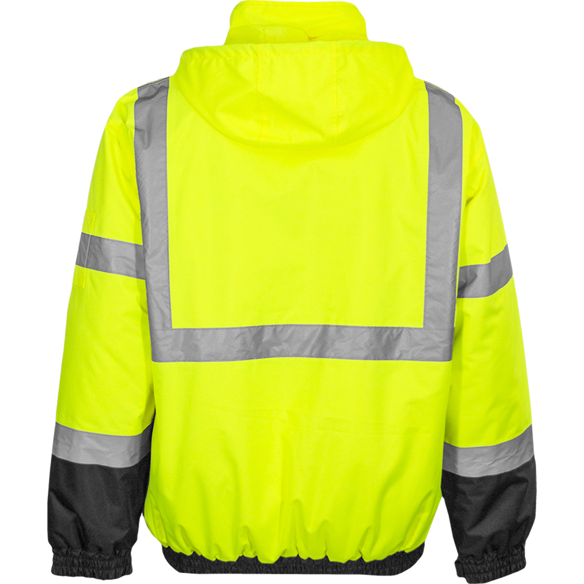 Reflective Apparel 413GT Waterproof Bomber Jacket with Quilted Fleece Liner, lime/black, back with hood