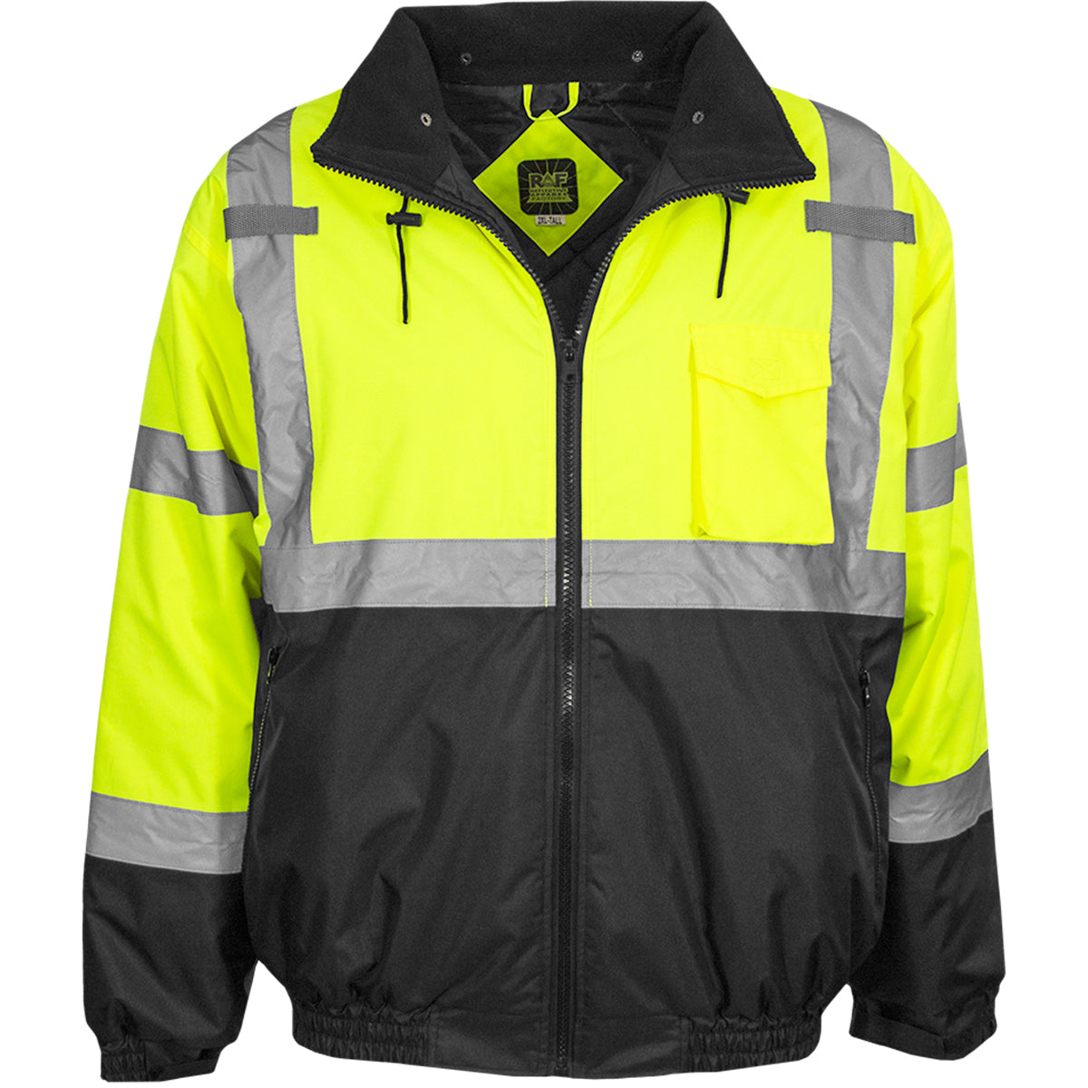 Reflective Apparel 413GT Waterproof Bomber Jacket with Quilted Fleece Liner, lime/black, front