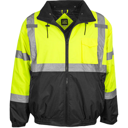 Reflective Apparel 413GT Waterproof Bomber Jacket with Quilted Fleece Liner, lime/black, front