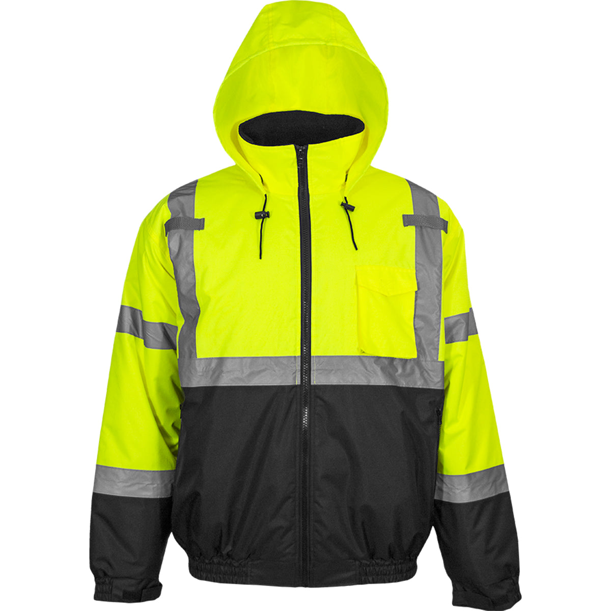 Reflective Apparel 413GT Waterproof Bomber Jacket with Quilted Fleece Liner, lime/black, front with hood